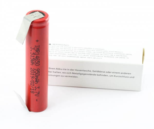 Lithium-Ionen Akku IMR 14650 · 950 mAh 3,7 V mit U-Lötfahne bis 15 A