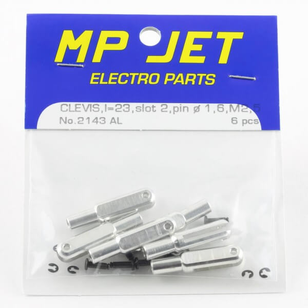 23 mm Alu-Gabelköpfe M 2,5 · B=2,0 mm · Pin Ø 1,6 mm · 6er-Pack · MP-Jet