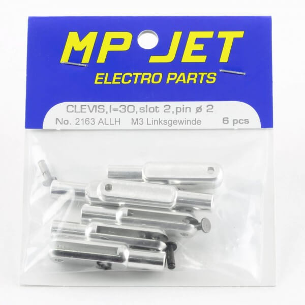 30 mm Alu-Gabelköpfe M 3 Linksgewinde · B=2,0 mm · Pin Ø 2,0 mm · 6er-Pack · MP-Jet