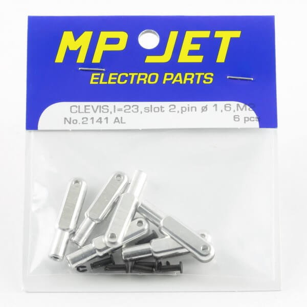 23mm Alu-Gabelköpfe M2 · B=2,0 mm · Pin Ø 1,6 mm · 6er-Pack · MP-Jet