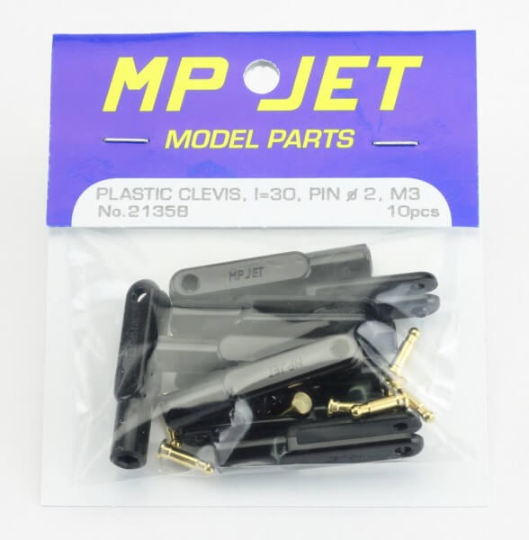 10er-Pack 30 mm Nylon-Gabelköpfe M3 schwarz · B=2,5 mm · Pin Ø 2 mm · MP-Jet