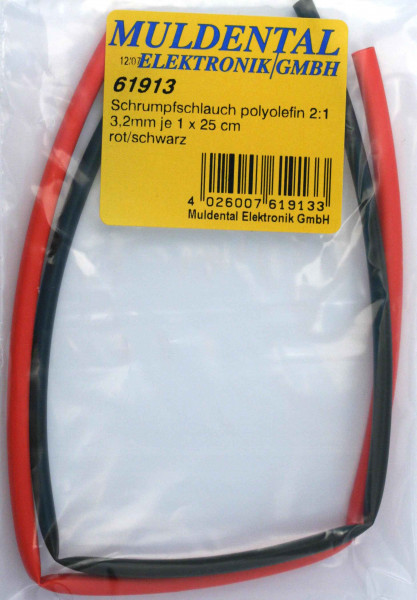 ø 3,2 mm Schrumpfschlauch · 25 cm rot + 25 cm schwarz · 2:1 · Polyolefin selbstverlöschend