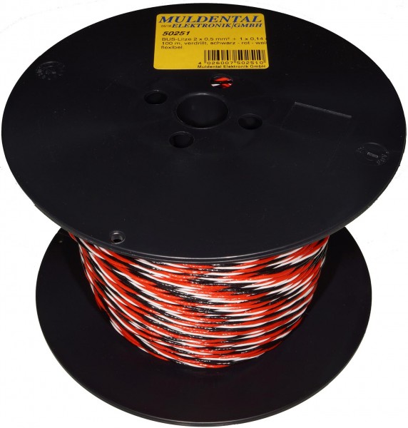 PE-Servolitze 2 x 0,50 mm² + 1 x 0,14 mm² verdrillt · schwarz rot weiß · Meterware · BUS