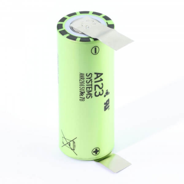A123 ANR26650M1B · 2500 mAh 3,3 V mit U-Lötfahne bis 120 A LifePO4