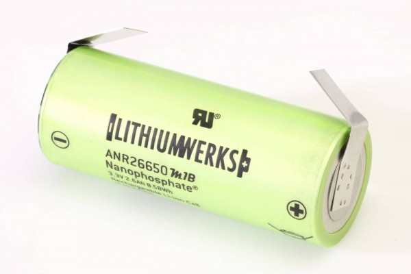 LithiumWerks (A123) ANR26650M1B · 2500 mAh 3,3 V mit U-Lötfahne bis 120 A LifePO4