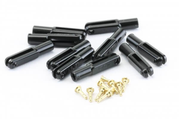 10er-Pack 17mm Micro-Nylon-Gabelköpfe M2 schwarz · B=1,2 mm · Pin Ø 1,0 mm · MP-Jet