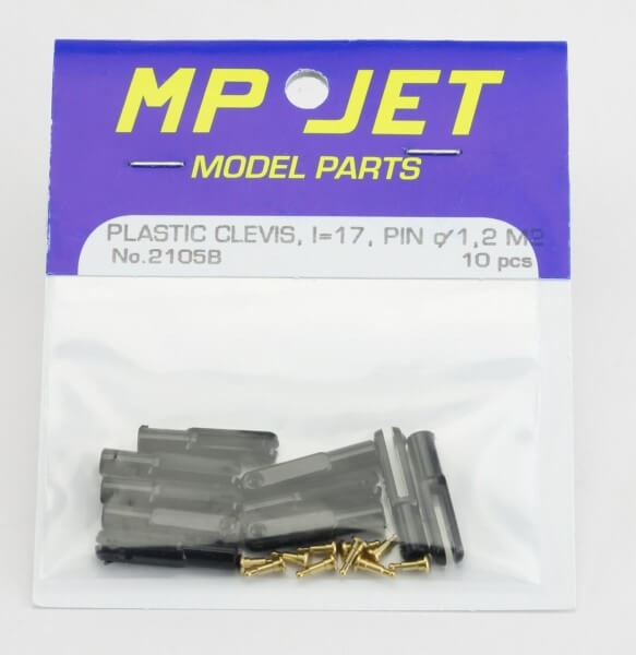10er-Pack 17mm Micro-Nylon-Gabelköpfe M2 schwarz · B=1,2 mm · Pin Ø 1,2 mm · MP-Jet